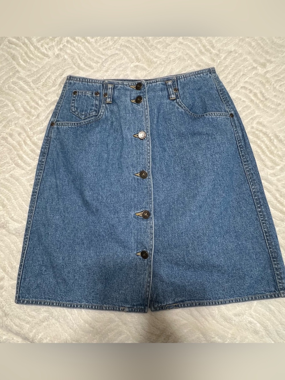 Vintage Liz Wear Petite Denim Button Front Skirt Size 4P Western 90s A-Line